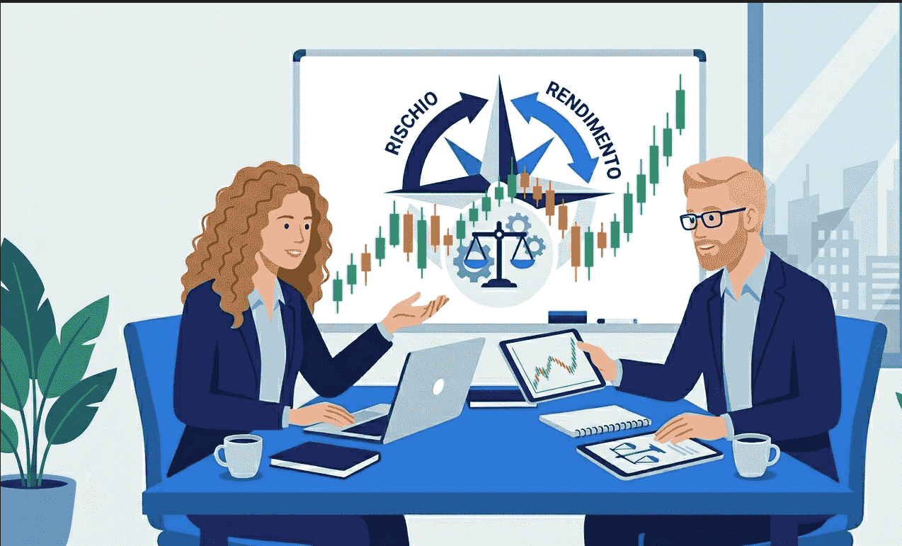 Sfondo in un ufficio con due persone che visualizzano dal pc e dal tablet grafici di trading candlestick e su una lavagna si vedono un grafico candlestick e la scritta rischio rendimento con una bilancia, a indicare il rapporto rischio rendimento.