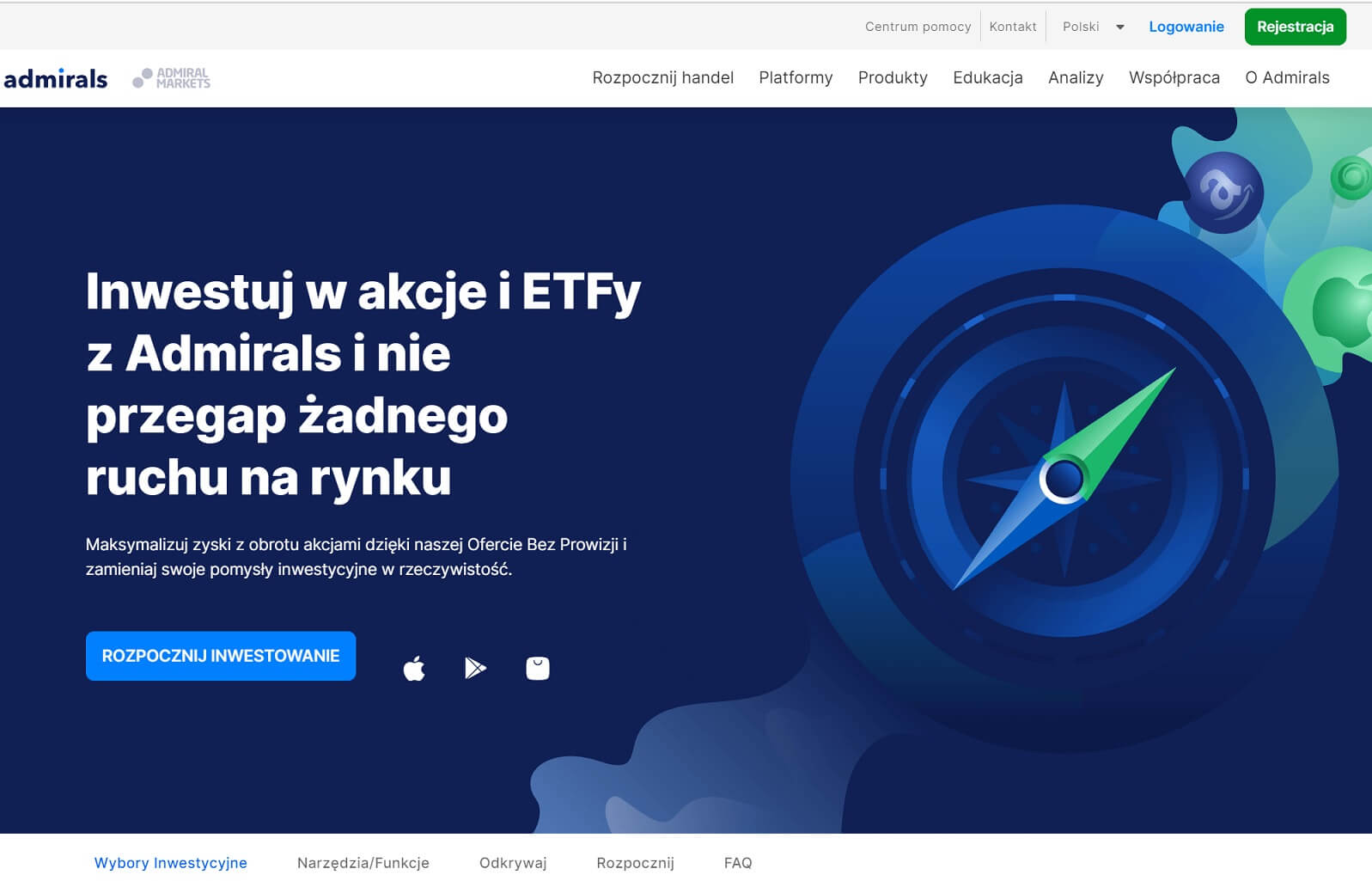 kompas i napis mówiący o otwarciu rachunku inwestycyjnego, pozwalającego inwestować w akcje i ETF-y