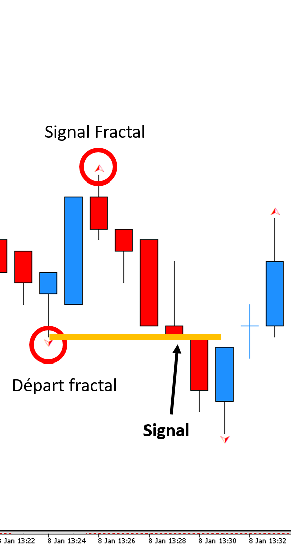 Graphique en bougies japonaises montrant le départ fractals, et le signal fractals avec le texte et des flèches explicatives