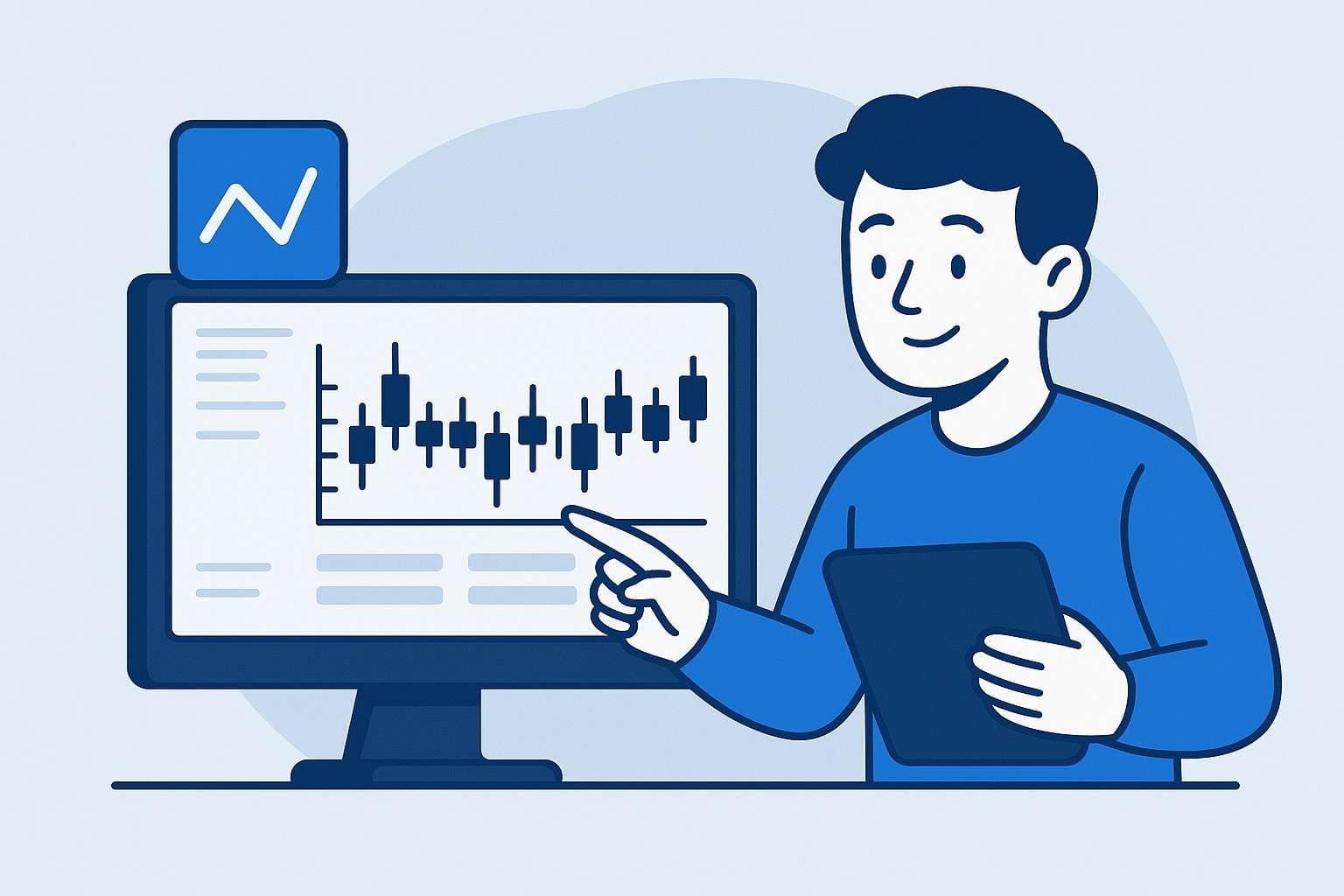 Sfondo azzurro con un ragazzo che indica con la mano un grafico candlestick visibile dal suo computer, a indicare un simulatore di trading.