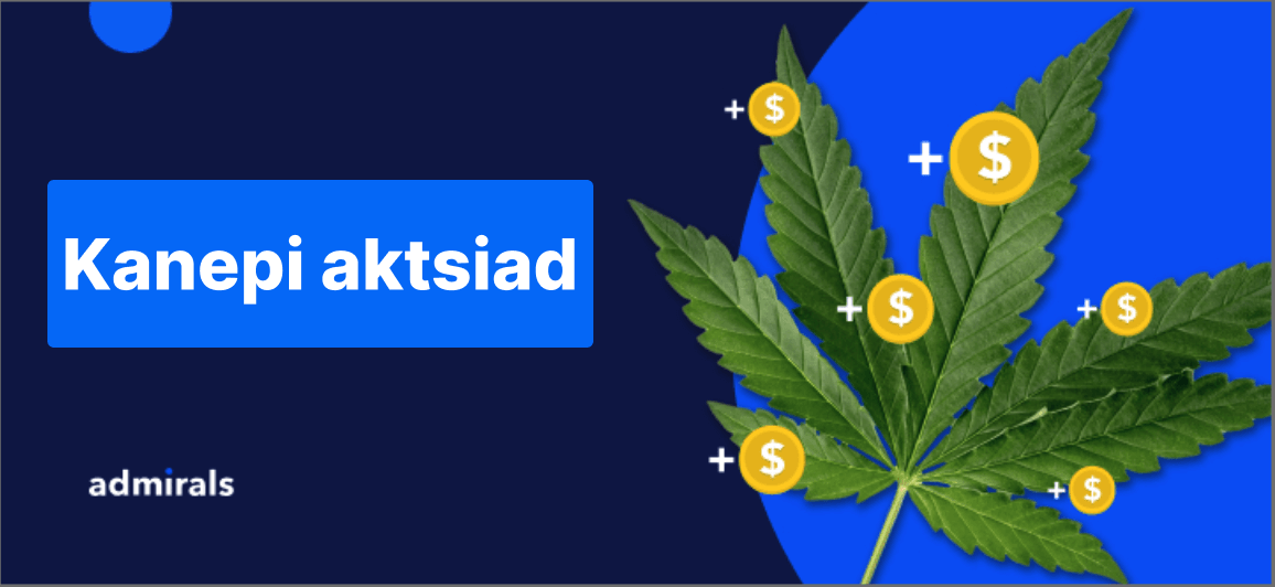 sinisele taustal dollarimärkidega kanepileht tekstiga "kanepi aktsiad"