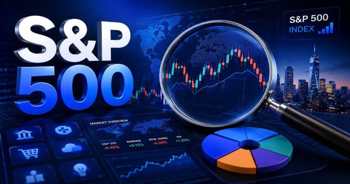 S&P 500 Index Analyse mit Börsenchart und Diversifikationsgrafik – Illustration zum Investieren in den S&P 500 im Jahr 2026.