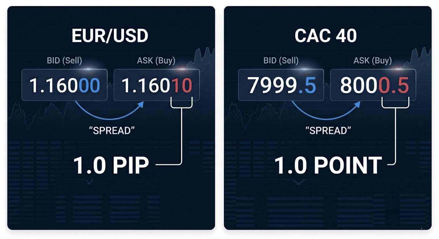 Comparaison du spread sur l'EUR/USD en pips et sur le CAC 40 en points avec prix Bid et Ask.