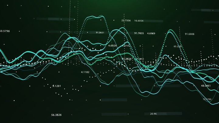 Sfondo nero con grafico a linee e a curve e valori numerici, a indicare lo stocastico trading