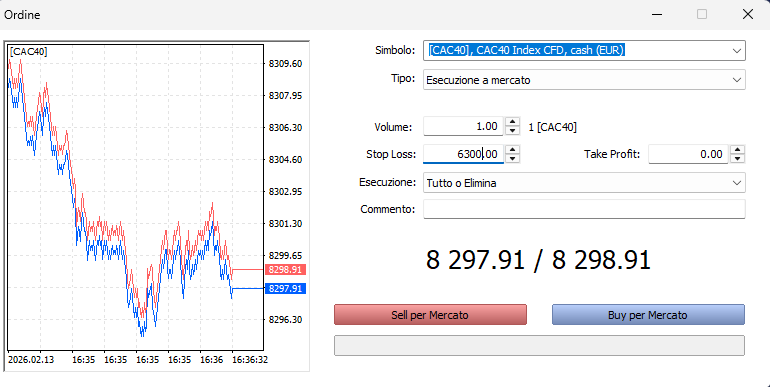 Schermata di Ordine dalla piattaforma Metatrader che mostra vari campi, tra cui quello di stop loss, e i pulsanti - rosso sell per mercato e blu buy per mercato.  