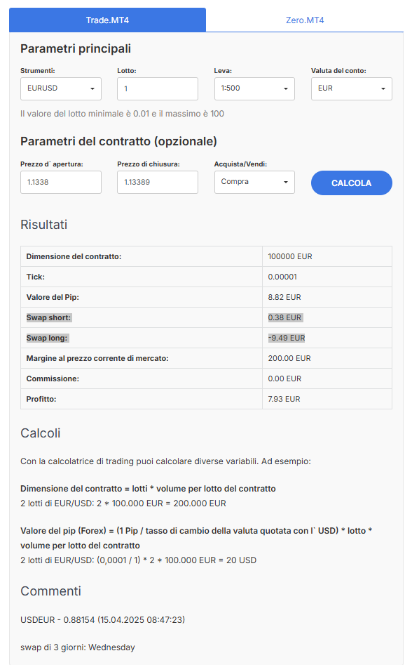 Screenshot che mostra dal sito web Admirals la sezione calcolatrice con indicati lo strumento EURUSD, i parametri principali, i parametri del contratto, i risultati, i calcoli e i commenti.