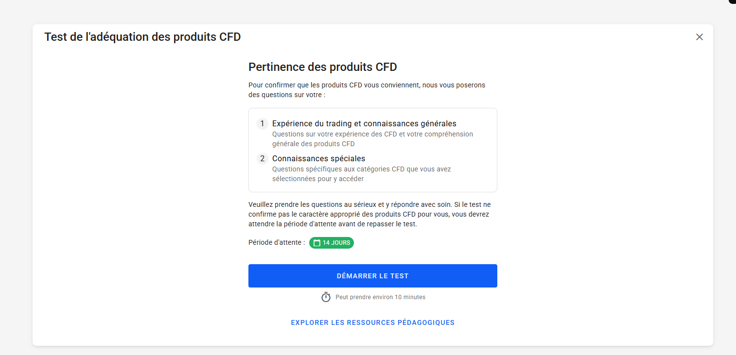 fenêtre du test de l'adéquation pour les produits CFD et les connaissances générales