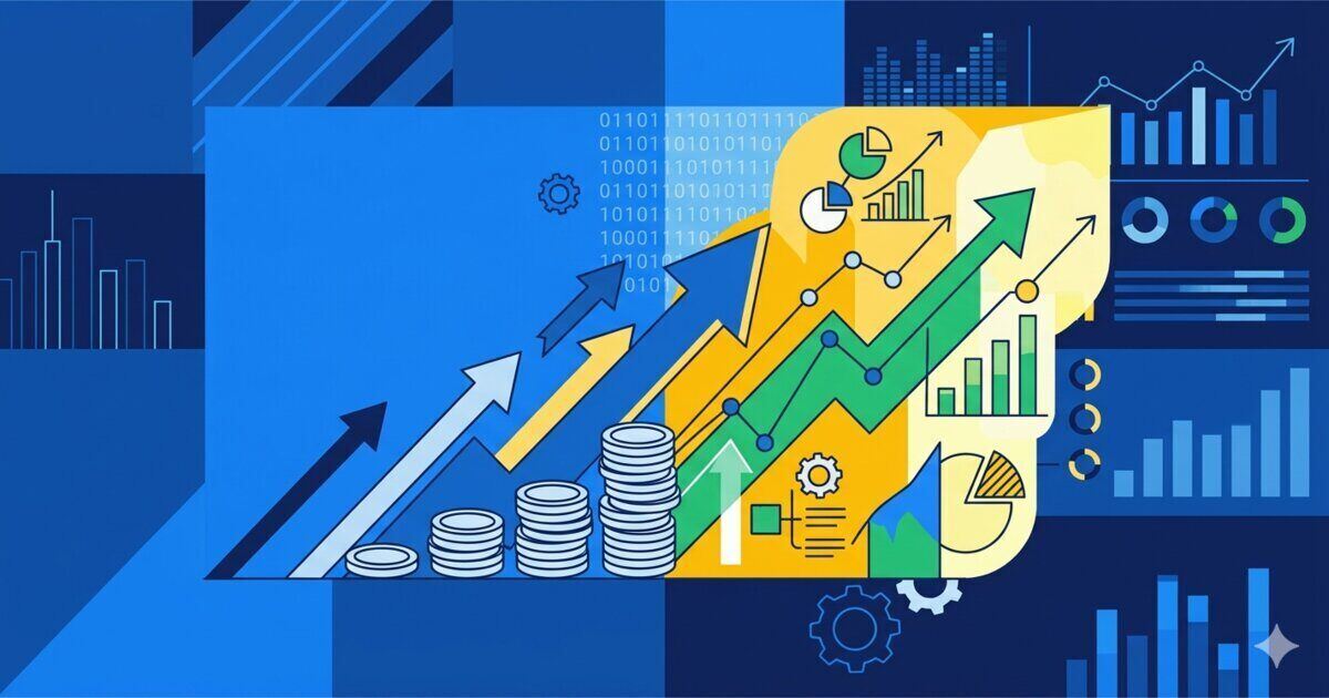 Grafik zu Trading für Anfänger mit steigenden Kursen, Charts und Grundlagen der Handelsstrategie