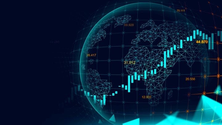 mappamondo virtuale su sfondo scuro con all'interno un grafico trading a candele e diversi numeri sparsi nel mappamondo, che possono indicare i prezzi dei futures