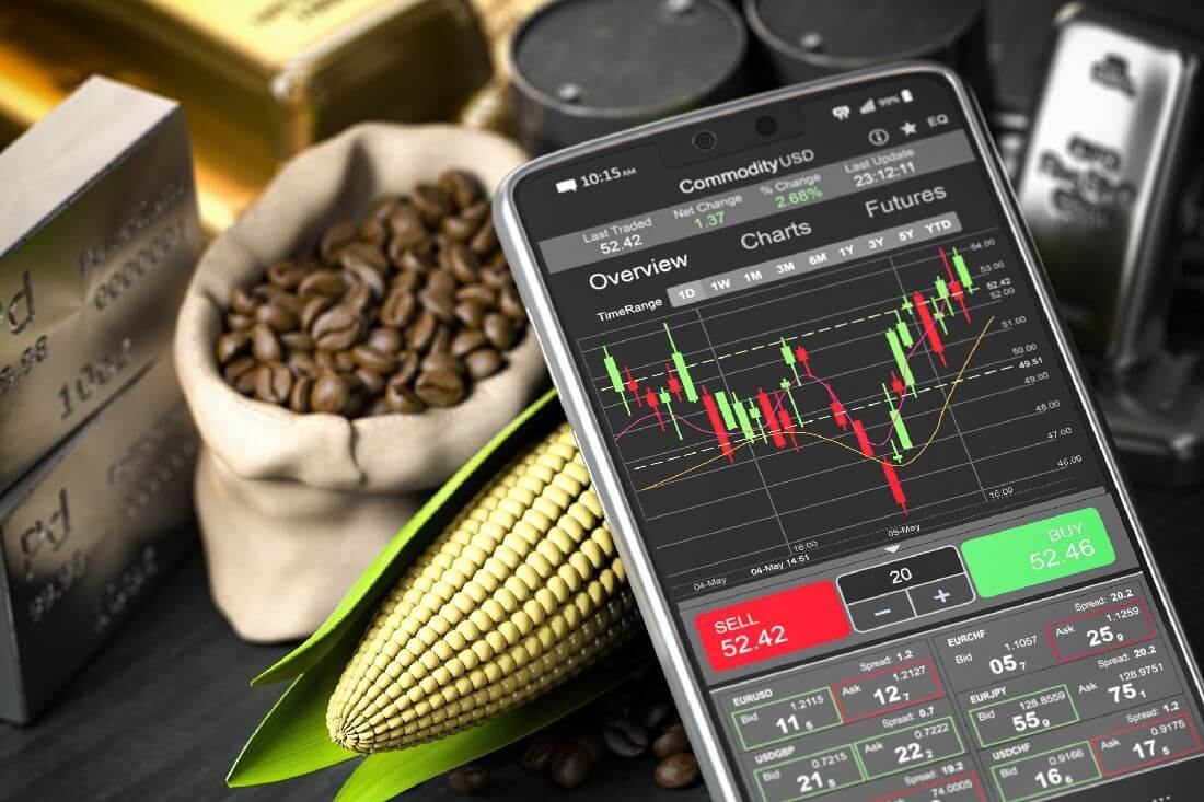 Schermo di un cellulare, che mostra un grafico trading a candele e i pulsanti di un ordine trading compra e vendi, con a fianco chicchi di caffe e una pannocchia che rappresentano il trading materie prime