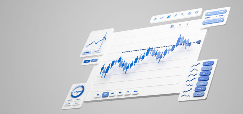 Sfondo grigio con rappresentato un block notes che a sua volta rappresenta un grafico candlestick di trading e altri grafici linee e a torta, a indicare il trading sugli indici.