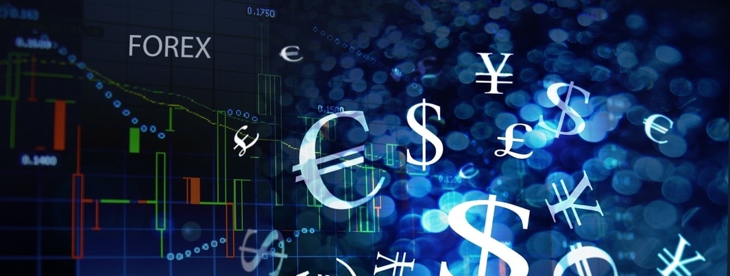 image d'en tête avec le mot forex et diffénts symboles de monnaies comme l'euro, le dollar, le yen, la livre sterling, avec au fond de l'image un graphique boursier