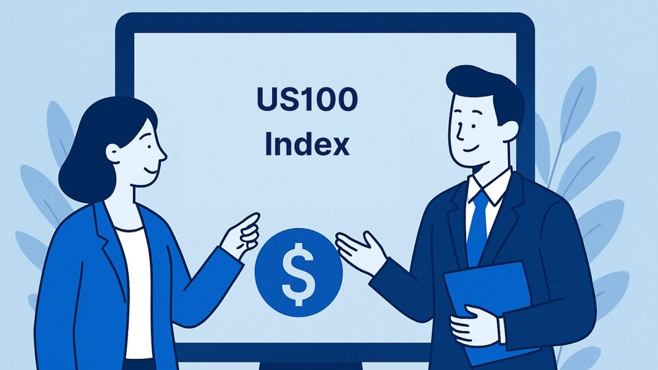 Lichtblauwe achtergrond met twee personen die met één hand naar het $-symbool wijzen, wat duidt op US100-indexhandel