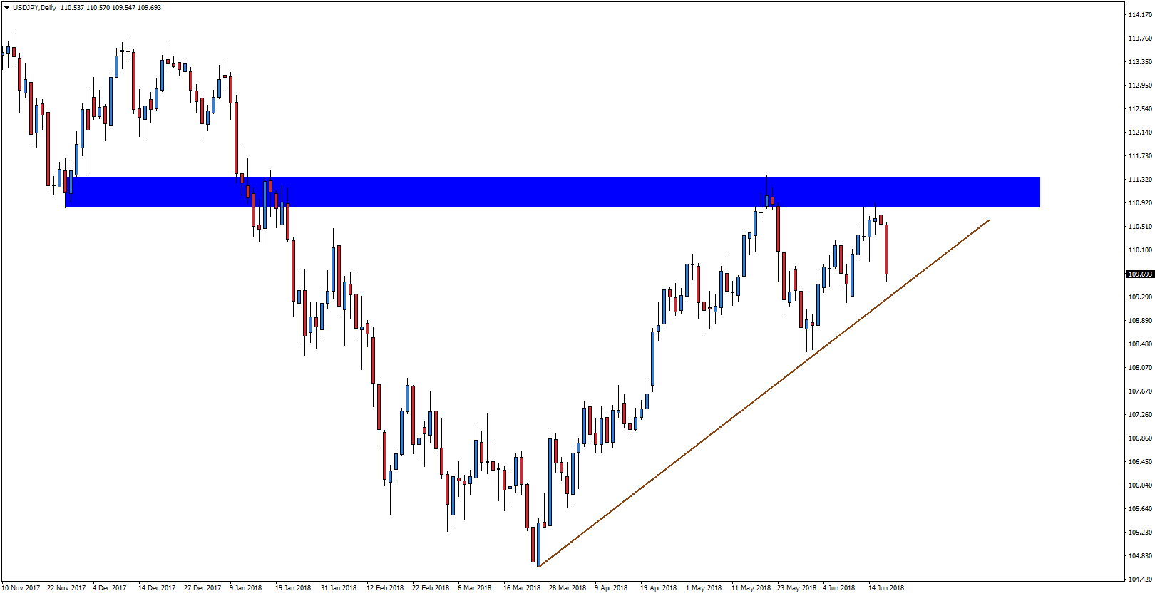  Notowania USDJPY, interwał dzienny