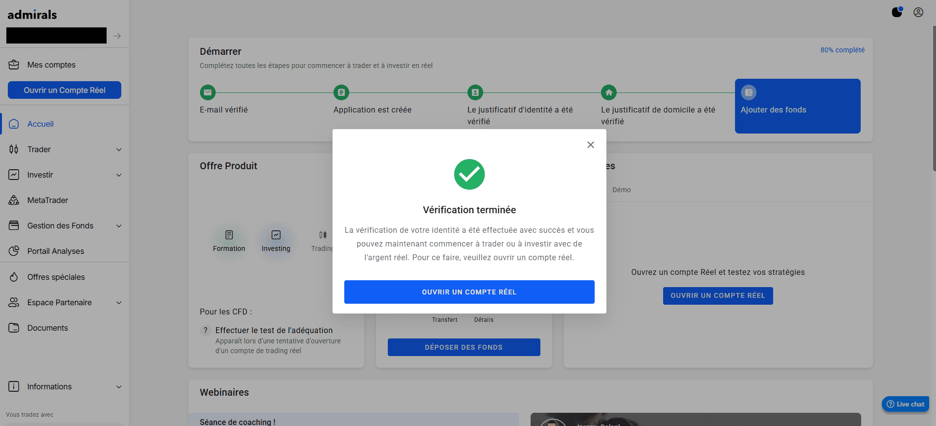 Dashboard Admirals montrant la validation des justificatifs pour ouvrir un compte de trading