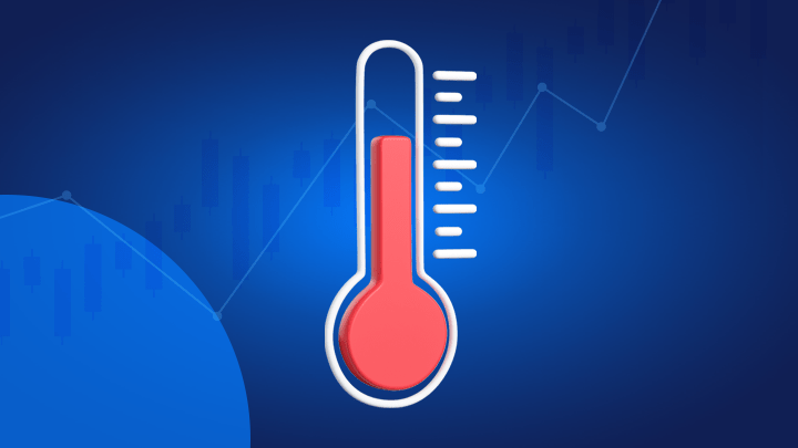 Sfondo blu con grafico a linee e raffigurato un termometro con linee e di colore rosso, a indicare la a Volatilità nel Trading.