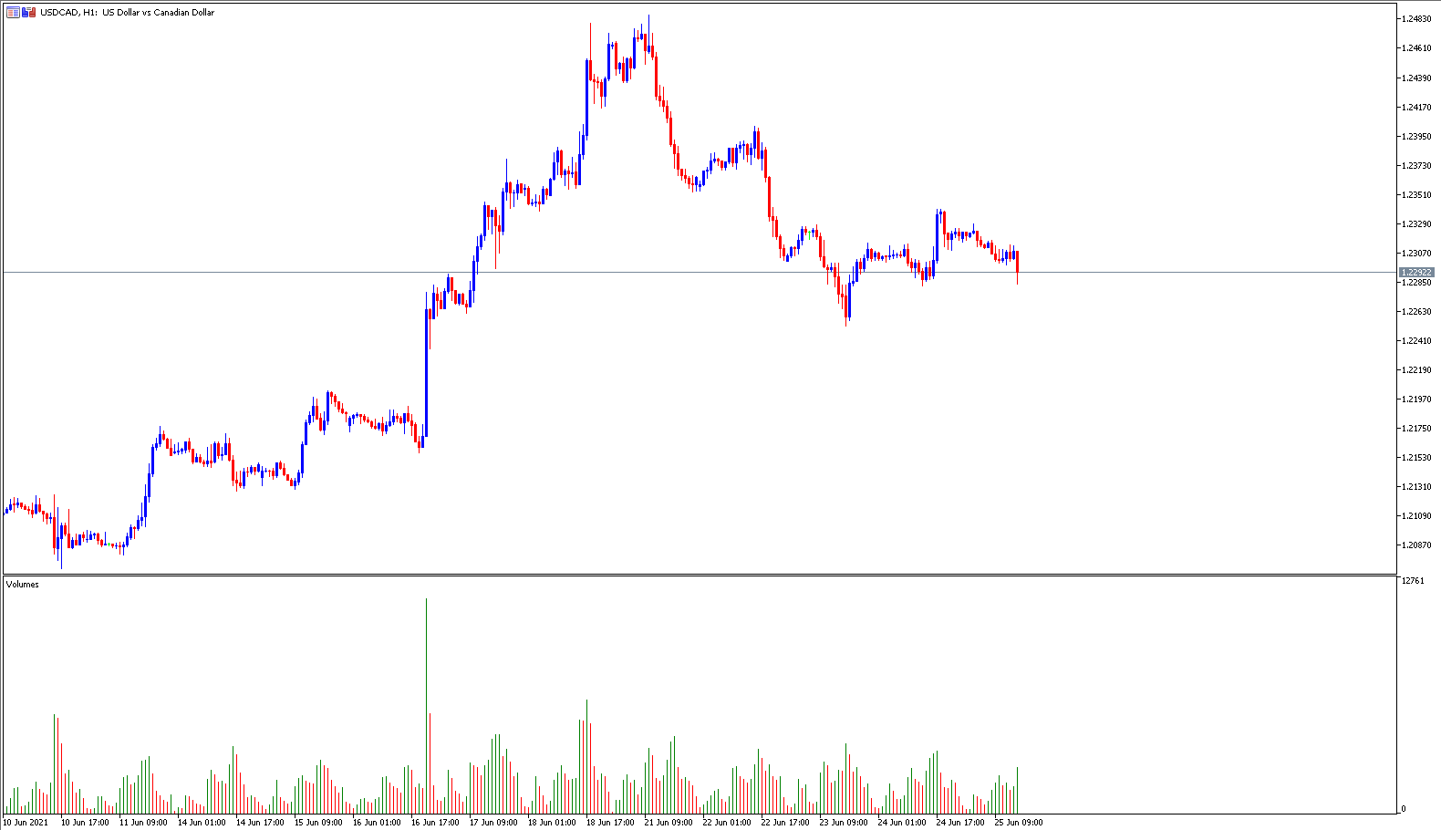 MetaTrader 5 USDCAD H1 Chart mit Volumen Indikator