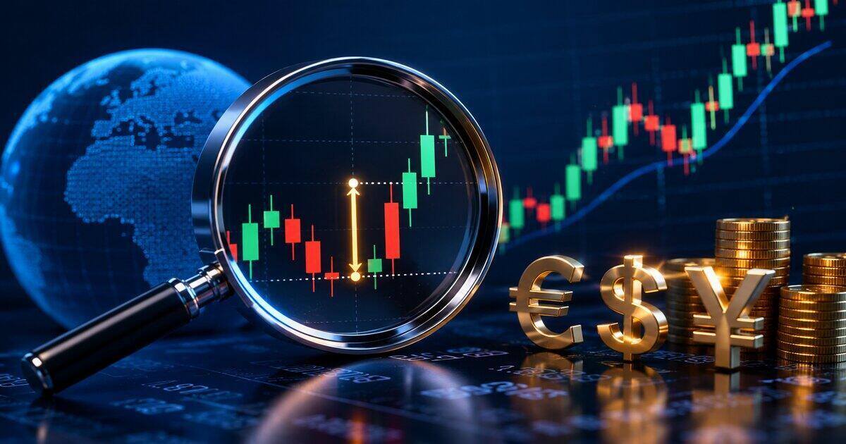 Was ist ein Pip im Forex Trading? Darstellung der Pip-Berechnung mit Candlestick-Chart, Währungssymbolen und Marktanalyse.